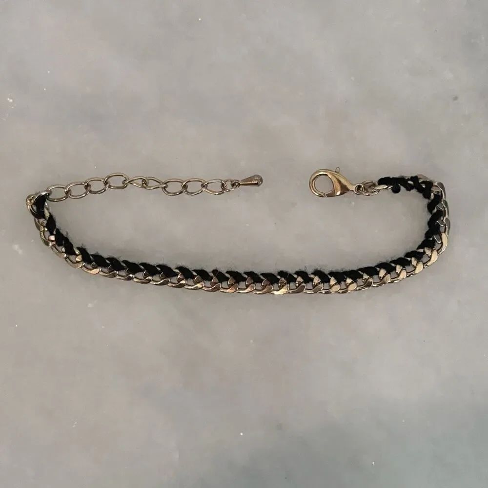NWOT Zara Curb Chain Woven String Adjustable Bracelet Gold-tone Black OS